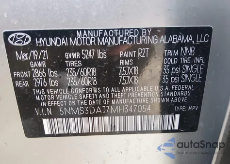 2021 Hyundai Santa Fe Sel z USA, uszkodzony, nr VIN 5NMS3DAJ7MH347054